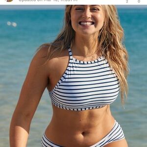 Aerie Swim Bikini Stripe Navy Blue & White Striped High Neck Strappy Medium